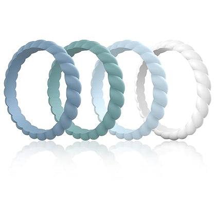 Egnaro Silicone Wedding Ring for Women,Thin and Stackble Braided Rubber Wedding Bands,No-Toxic,Skin Safe - color: SETS-Blue, Light Green, Light Blue, White, size: 9.5-10