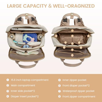 LOVEVOOK Diaper Bag Backpack, Baby Bag with Changing Pad, Large Diaper Backpack Boy Girl, Waterproof Baby Registry Bag for Mom Dad with Stroller Buckles, Beige-khaki - color: Beige-khaki