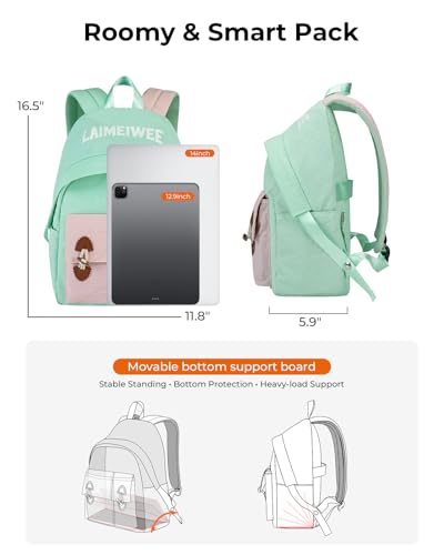 Lightweight Travel Backpack for Women, School Backpack for Teen Girls & Boys, Water-repellent Taslon Fabric, Stylish Casual Daypack for College Everyday Use, Fits 14" Laptop, Green & Pink - color: Green & Pink