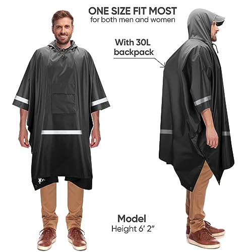 PTEROMY 3-in-1 Hooded Rain Poncho for Adult with Pocket, Waterproof Lightweight Unisex Raincoat for Hiking Camping Emergency - color: Black W/ Reflective Stripe
