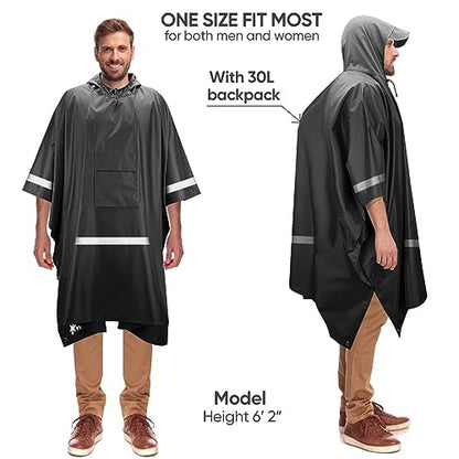 PTEROMY 3-in-1 Hooded Rain Poncho for Adult with Pocket, Waterproof Lightweight Unisex Raincoat for Hiking Camping Emergency - color: Black W/ Reflective Stripe