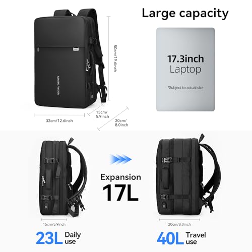 MARK RYDEN Travel Backpack for Men, 40L Airline Approved Carry on Backpack with USB Charging Port, 17.3 Inch Waterproof Business Laptop Backpack (12.6 x 8.0 x 19.6 Inch) - color: Black
