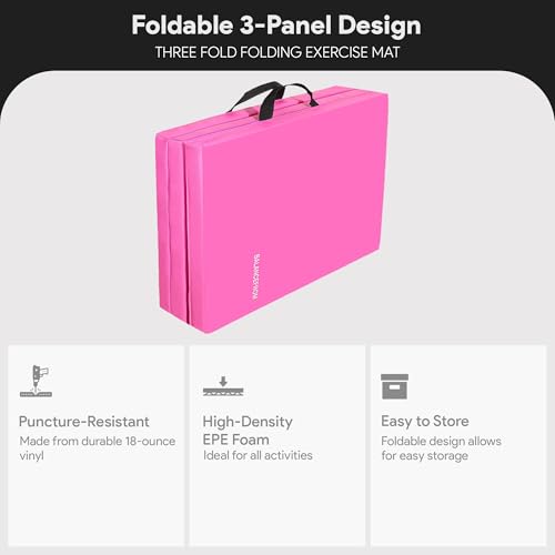 BalanceFrom 6x2 Feet 3-Panel Folding Gymnastics Mat – 2-Inch Thick Pad with Vinyl Surface and Carrying Handles for Tumbling, Yoga, Pilates, Home Workouts, and Martial Arts - color: Pink2