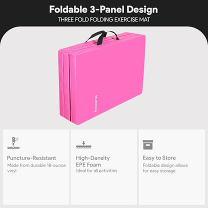 BalanceFrom 6x2 Feet 3-Panel Folding Gymnastics Mat – 2-Inch Thick Pad with Vinyl Surface and Carrying Handles for Tumbling, Yoga, Pilates, Home Workouts, and Martial Arts - color: Pink2