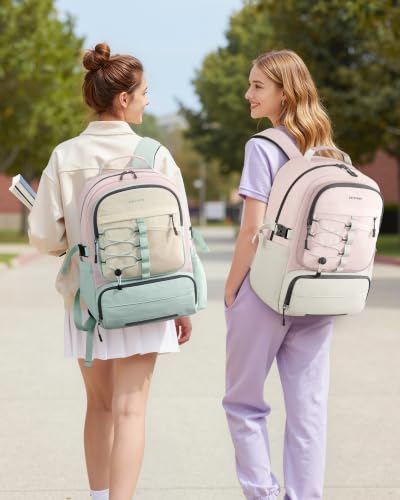 LOVEVOOK School Backpack for Teen Girls, Unique Style College Student Backpacks with Large Cup Holder, Cute Kid Bookbag with Pens Compartment, Large Capacity Back to School Backpack Fit 15.6'' Laptop - color: Pink White, size: Medium