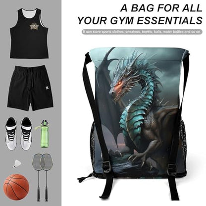 Drawstring Gym Backpack with Shoe Compartment And Wet Pocket, 28L Lightweight Waterproof Cool Dragon Sports Backpack for Workout Swim Beach Travel String Bag for Men Women