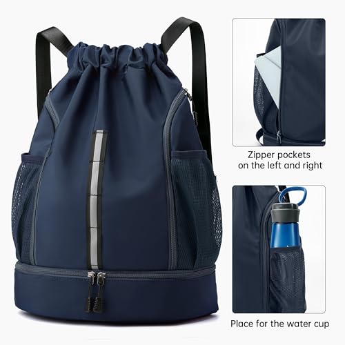 Sport Gym Bag Drawstring Backpack Beach Bag for Men Women with Shoe Compartment and Reflective Strips (Dark blue) - color: Dark Blue