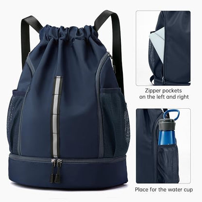 Sport Gym Bag Drawstring Backpack Beach Bag for Men Women with Shoe Compartment and Reflective Strips (Dark blue) - color: Dark Blue