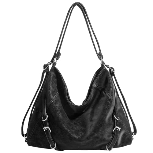 3-Way Convertible Hobo Bag for Women, Soft Shoulder Backpack, Casual Daily Tote Purse with Adjustable Strap - color: Black