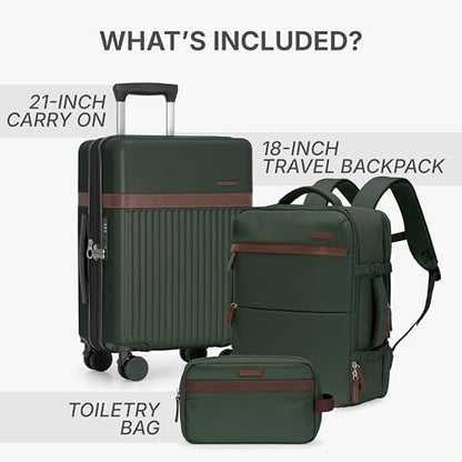 U.S. Traveler Vista Way 3-Piece Travel Set, 21-Inch Carry-on Hardside with TSA Lock, 18-Inch Travel Backpack with Laptop Sleeve, Toiletry Bag, Green - color: Green