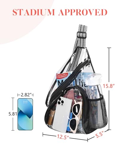 HULISEN Clear Sling Bag, Clear Bag Stadium Approved, Transparent Shoulder Crossbody Backpack Chest Casual Daypack - color: Black and White