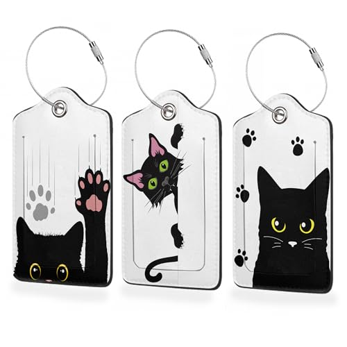 3 Pack Luggage Tags,Funny Black Cat Paw PU Leather Luggage Tags for Suitcase,Name ID Labels with Privacy Cover Suitcases and Metal Loop for Travel Bag Suitcase - color: Funny Black Cat Paw