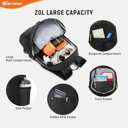 SKYSPER Small Hiking Backpack for Men Women 20L RFID Packable Daypack Ultralight Foldable Back Pack Lightweight Collapsible Travel Day Pack - color: Black