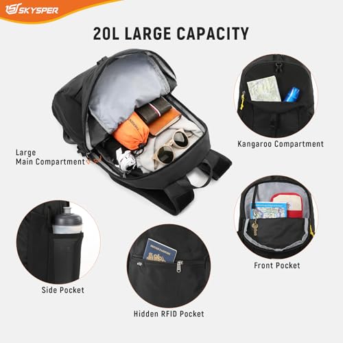 SKYSPER Small Hiking Backpack for Men Women 20L RFID Packable Daypack Ultralight Foldable Back Pack Lightweight Collapsible Travel Day Pack - color: Black