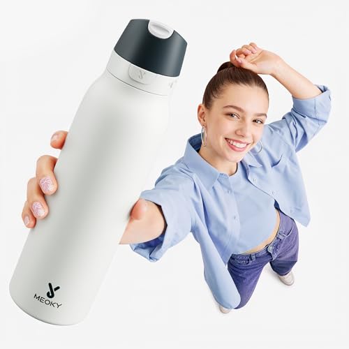 Meoky 24 oz Travel Water Bottle Stainless Steel: Leak Proof Locking Lid, 2-in-1 Straw and Spout, 24 Hours Cold, Top Handle, BPA Free, Slim Insulated Water Bottle for Car Ourdoor, Frost - color: Frost