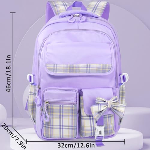 MCWTH Checkered Backpack for Teen Girls, Kawaii Cute Kids Elementary Student School Backpacks (Bow Purple) - color: Checkered Purple