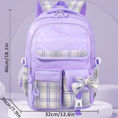 MCWTH Checkered Backpack for Teen Girls, Kawaii Cute Kids Elementary Student School Backpacks (Bow Purple) - color: Checkered Purple