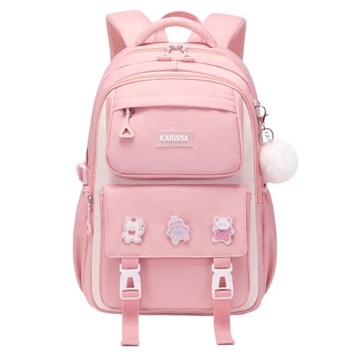 Cute Backpack for Kids Teen Girls Kawaii Aesthetic Elementary Middle School Student Bookbag Preppy Laptop Backpack for Ages 6-8 8-10 10-12 with Pin Accessories Plush Pendant, Pink - color: Pink, size: Small
