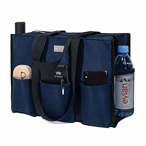 TOPDesign Utility Water Resistant Tote Bag with 13 Pockets, Top Zipper Closure & Thick Bottom Support, for Working Women - color: Blue, size: Large