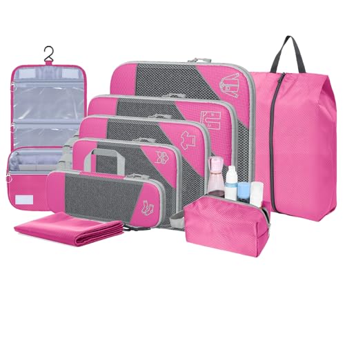 9-Set Packing Cubes with Hanging Bag | 9-Size Combination, Mesh Fabric & Reflective Stripe | Travel Luggage Organizers (Pink) - color: Pink