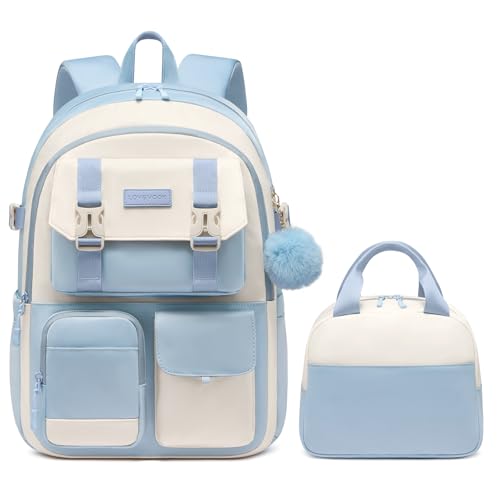 LOVEVOOK Kids Backpack for Girls - School Bags for Middle School Students 6-16 years old,Backpack for School Girl Boy Kid - color: Light Blue-white-lunch Bag, size: 15.6 inch-lunch bag