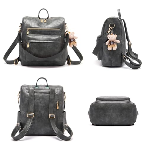 Soperwillton Women Backpack Purse Multipurpose Design Handbags Shoulder Bag PU Leather Travel bag Backpack Set 2pcs - color: Darkgrey