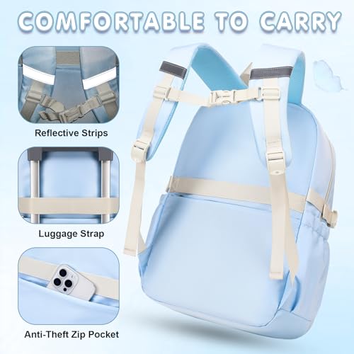 GeeWin Girls Backpack for School with Lunch Box & Pencil Case Set, 17 Inch Waterproof Cute Bow Girls Bookbag for Kids, Teens, Elementary Middle High College School Student (Blue/Beige) - color: Blue Beige