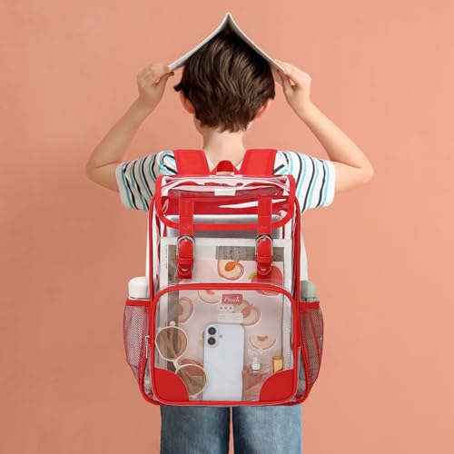 Fuyicat Clear Backpack Heavy Duty PVC Transparent Girls Kids School Backpacks Stadium Approved See Through College Bookbag for Women (Red) - color: Red