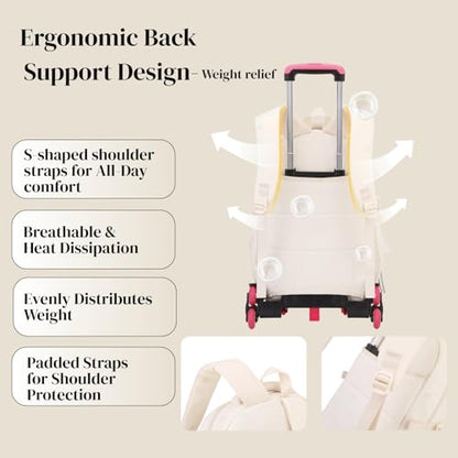 EKUIZAI Solid Girls Rolling Backpack for Kids Roller Bookbag with Wheels for Middle School Students Girls Trolley Backpack, White - color: A-6-wheel White, style: 6 Wheels