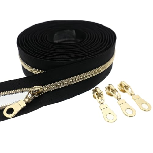 #5 Gold Metallic Nylon Coil Zipper by The Yard, Bulk 10 Yards Black Tape Gold Teeth with 25PCS Gold Zippers Pulls for Sewing, Bags, Purses YIGUANXIN - color: Black-Gold