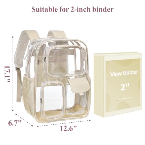 PACKISM Clear Backpack for School - 17 inch Large Heavy Duty Bookbag, Reinforced See Through PVC Transparent Backpack - color: Pu Straps Khaki 3 Pockets, style: Daypack Backpacks