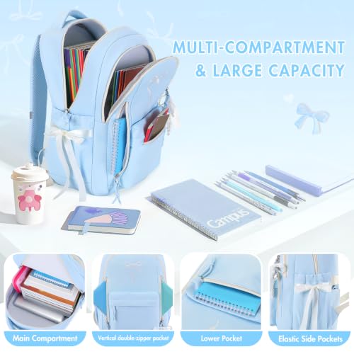 Kids Backpack for Girls - 3PCS Cute Embroidered Bow Girls Backpack with Insulated Lunch Bag & Pencil Case - Bookbag for Teen Women Middle High School College Work Travel Daypack - color: Blue Beige