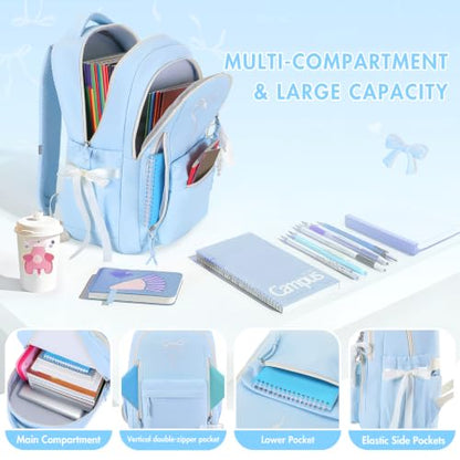 Kids Backpack for Girls - 3PCS Cute Embroidered Bow Girls Backpack with Insulated Lunch Bag & Pencil Case - Bookbag for Teen Women Middle High School College Work Travel Daypack - color: Blue Beige