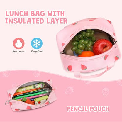 ACESAK Backpack for Girls - Girls Backpack with Lunch Bag & Pencil Pouch for Teen Kids Laptop Backpack for Women, Elementary Middle High School Bookbag Travel Daypack (Pink Strawberry) - color: Pink Strawberry