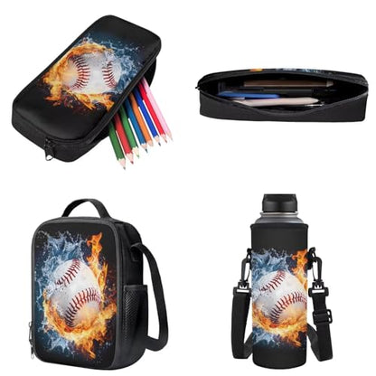 Baseball Water Flame Backpack 4 Pieces Backpack for Children Casual Reusable Casual Preschool School Bag Set with Lunch Bag Pencil Case Water Bottle Sleeve - color: Baseball Water Flame