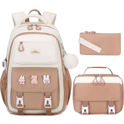 DIGOBAY 3PCS Girls Backpack for School, Kids Backpack for Girls with Lunch Box Pencil Case Set for Teen Girl Elementary Primary Middle High College School Bookbag with Cute Pins (Khaki) - color: Khaki