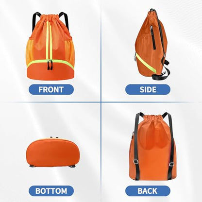 Drawstring Backpack Gym Bag with Shoe Compartment - Ideal for Basketball, Swimming, Beach Activities, Unisex - color: Orange