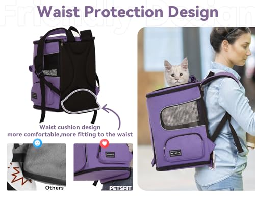 PETSFIT Dog Backpack Carrier with Upgraded Waist Protection, Pet Carrier Backpack Designed for Small Dogs/Cats, Fully Ventilated Collapsible Cat Backpack for Outdoor Traveling Hiking Camping Purple - color: Purple