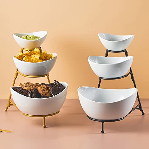 LYEOBOH 3 Tier Serving Bowls Set with Collapsible Thicker Metal Stand, Oval Serving Dishes for Entertaining Tiered Serving Stand for Fruit, Dessert, Candy, Chip and Dip (Black) - color: Black, style: Oval bowls