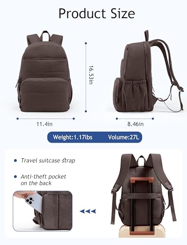 Uselike Travel Backpack for Women, 15.6 Inch Laptop Backpack, Quilted College Bookbag, Cute Work Backpacks, Water Resistant - color: Dark Brown