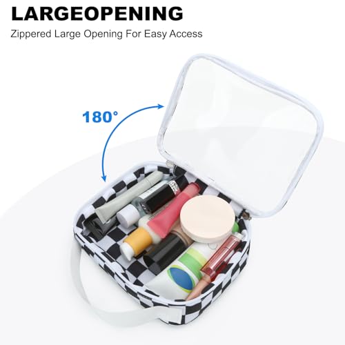 Travel Toiletry Bag Clear Makeup Bags Portable Compact Cosmetic Pouch Makeup Organizer for Women, Skincare Bag with Handle(Black White Checkerboard)