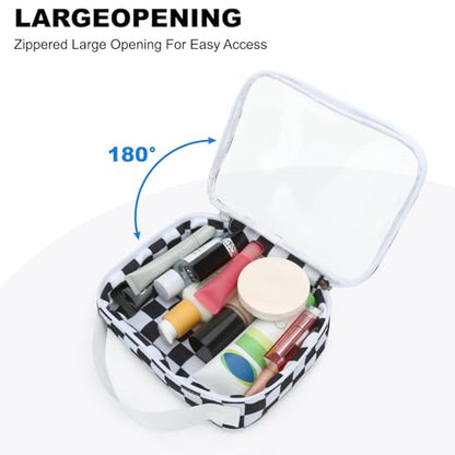 Travel Toiletry Bag Clear Makeup Bags Portable Compact Cosmetic Pouch Makeup Organizer for Women, Skincare Bag with Handle(Black White Checkerboard)