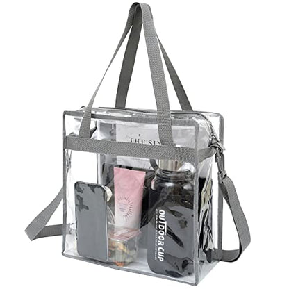BAGAIL Clear Bags 12x6x12 Stadium Approved Clear Tote Bag with Zipper Closure Crossbody Shoulder Bag with Adjustable Strap - color: Grey