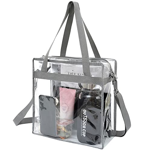 BAGAIL Clear Bags 12x6x12 Stadium Approved Clear Tote Bag with Zipper Closure Crossbody Shoulder Bag with Adjustable Strap - color: Grey
