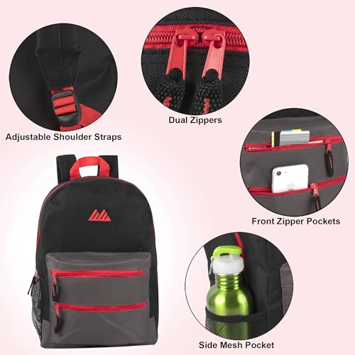 Summit Ridge Colorful Big Backpack for School Kids, Multi Pocket Backpack for Elementary, Middle School Girls, Boys with Padded Straps (Black/Red) - color: Black/Red
