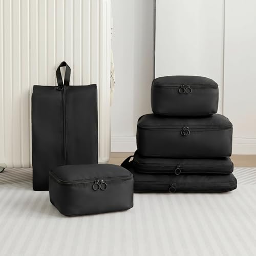 6 Set Packing Cubes Compression Bags for Travel, Waterproof Luggage Organizer, Travel Essentials for Cruise Vacation, Black - color: Black
