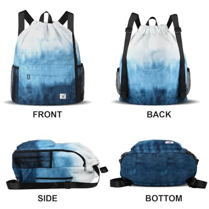 Drawstring Backpack with Mesh Pockets String Gym Bag Sackpack Sandproof Water Resistant Beach Backpack for Men Women - color: Gradient Blue