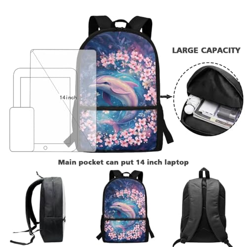 ZOUTAIRONG Girls School Bags Insulated Water Bottle for Hot & Cold Drinks, Cherry Blossom Dolphin Printed Lightweight Casual Backpack with 2 Side Pockets for Thermos - color: Cherry Blossom Dolphin