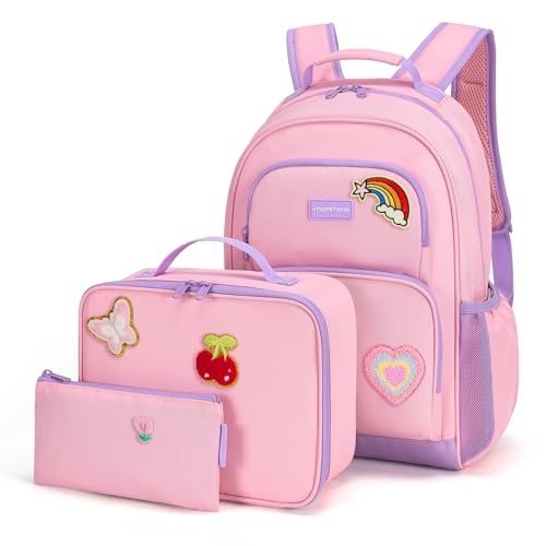 mommore Kids Backpack for Boys Girls 4-8 Kindergarten Elementary School Backpack with Lunch Box - 15” H Fit Folder - color: Pink Purple-custom, style: 3 Pcs
