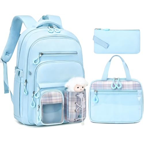 GeeWin Girls Backpack for School with Lunch Box & Pencil Case Set, 17 Inch Stylish Plaid Girls Bookbag with Lots of Pockets for Kids, Teens, Elementary Middle High College School Student (Blue) - color: Blue